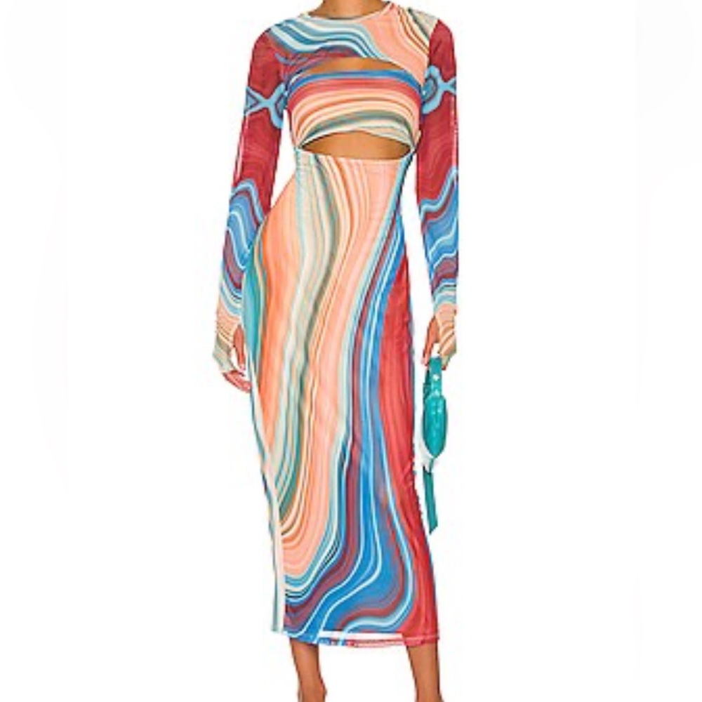 AFRM Revolve Matera Swirl-Striped Maxi Dress in Blue Abstract NWT Small - Picture 6 of 12